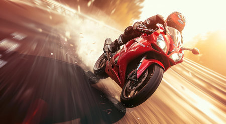 Motorcyclist riding on a fast motorbike. Motion blur.の素材