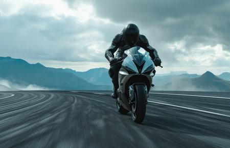 Motorcycle rider riding on asphalt road. 3D Rendering.の素材