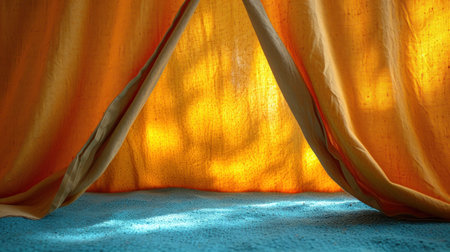 Tent with yellow curtains on the background of a blue carpet.の素材