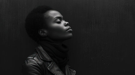 Beautiful african american woman in leather jacket and scarf on black backgroundの素材