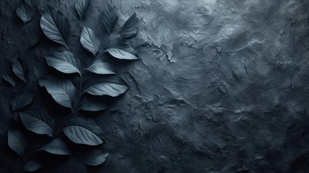 Dark blue textured background with leaves. Top view. Copy space.の素材