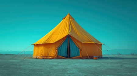 Tent in the desert with blue sky background. 3d renderingの素材