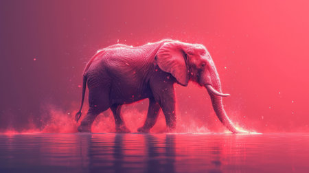 Elephant in the water. 3d illustration. Red background.の素材