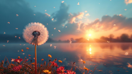 Dandelion flower on the background of the lake and sunset.の素材