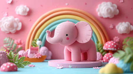 Cute elephant with cupcakes and rainbow on table, closeupの素材