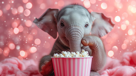 Cute elephant eating popcorn on pink background with bokeh.の素材