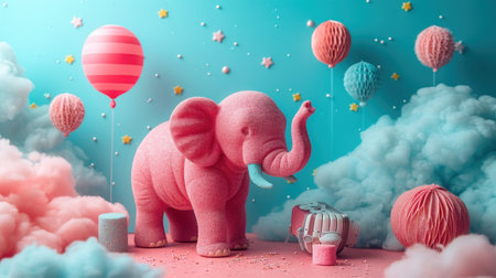 Birthday party with elephant and balloons. 3D Rendering.の素材