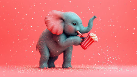 Cute elephant with popcorn on a red background. 3d illustration.の素材