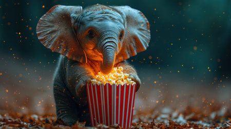 Elephant eating popcorn in the autumn forest. 3d rendering.の素材