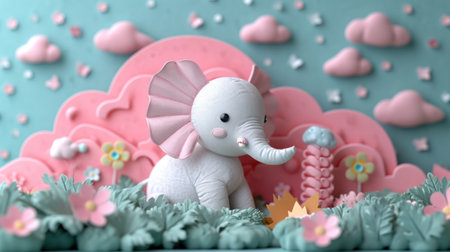 Cute elephant with flowers and hearts on color background, 3d renderingの素材