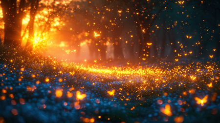 Autumn forest with falling snow and golden bokeh lights.の素材