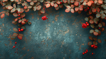 3d render of red rose bush on dark blue textured backgroundの素材