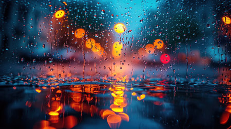 Rain drops on glass with blurred city lights background. Raindrops on window glass.の素材