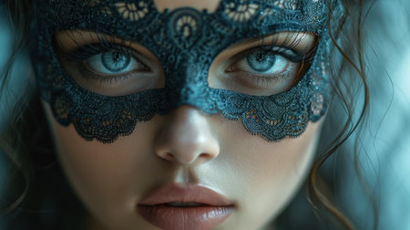 Close up portrait of a beautiful young woman with blue eyes and lace maskの素材