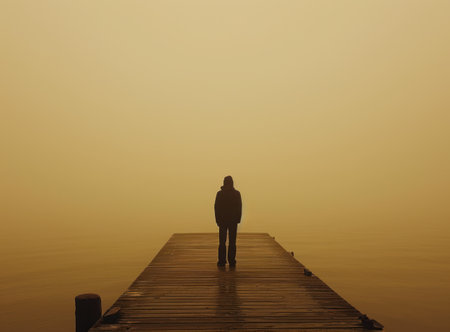 Man standing on a wooden jetty in a foggy morning.の素材