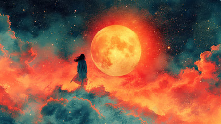 Surreal image of a woman in a night sky with full moonの素材