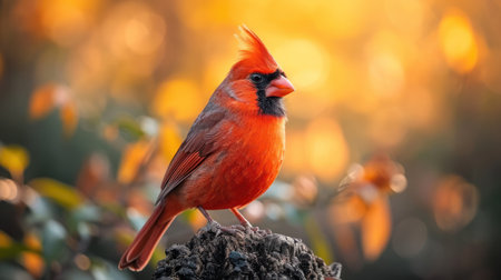 Male Northern Cardinal (cardinalis cardinalis) perched on a stumpの素材