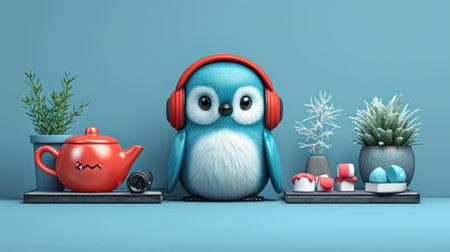 Cute blue bird with headphones - 3D Rendered Illustrationの素材