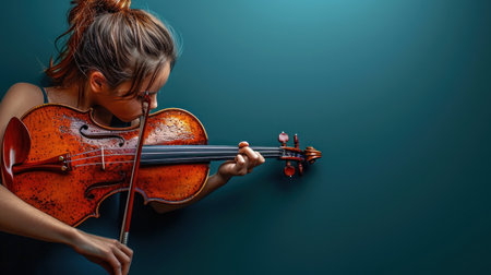 Young woman playing the violin on a dark background. Music concept.の素材