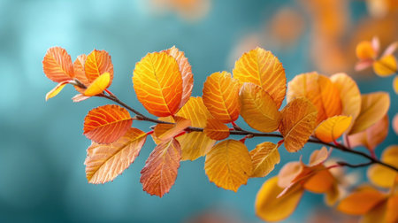 Beautiful autumn leaves on a blue background, close-up.の素材