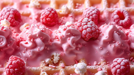 Delicious waffles with raspberries and cream, closeupの素材