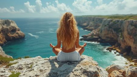 Woman meditating on the cliff above the sea. Meditation concept.の素材
