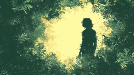 Silhouette of a woman in a tropical forest. Vector illustration.の素材