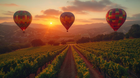 Hot air balloons flying over vineyards in Tuscany, Italyの素材