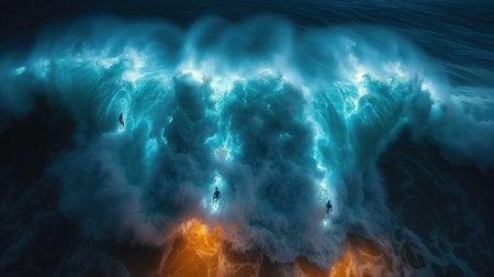 Underwater view of a group of surfers on a large ocean waveの素材