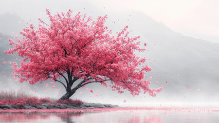 Sakura tree with pink flowers on the lake in the mist.の素材