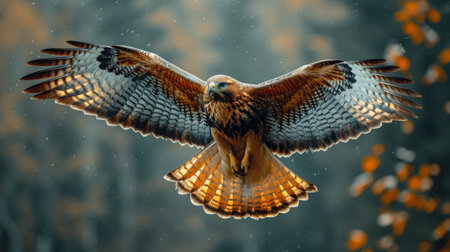 red-tailed hawk in the winter forest. 3d illustration.の素材