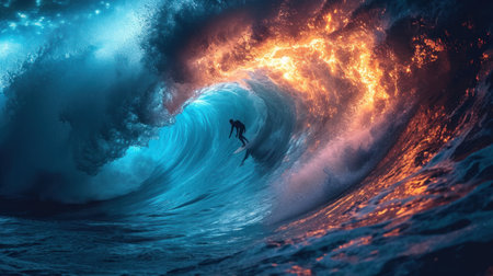 Surfer on big blue ocean wave. 3D Rendering.の素材