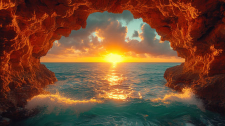 Sunset in the cave of the island of Algarve, Portugalの素材