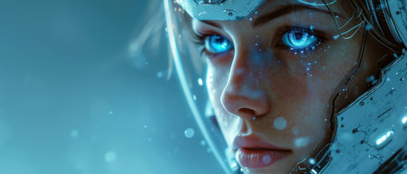 Astronaut woman in spacesuit on blue background 3D renderingの素材