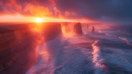 Fantastic sunset over the ocean. Dramatic scene. 3d renderの素材