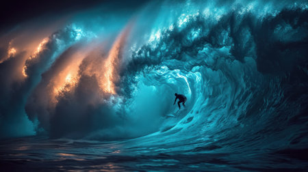 Surfer on big ocean wave. 3D Rendering and illustrationの素材