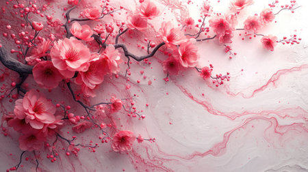 cherry blossom sakura on white marble background, copy spaceの素材