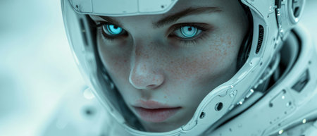 Close-up portrait of a beautiful girl with blue eyes in a spacesuit.の素材