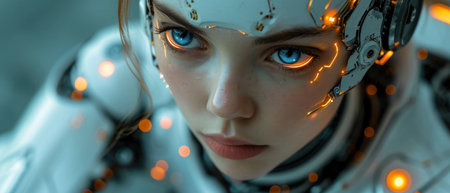 Close-up portrait of a girl in a robot suit. 3d renderingの素材