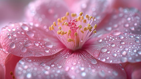 Pink hibiscus flower with water drops on petals.の素材