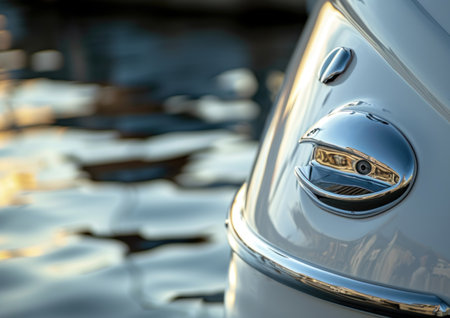 Detail of a vintage car headlight with reflection on the waterの素材