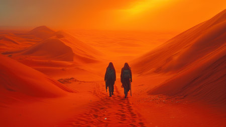 Couple walking in the dunes of the Sahara desert, Morocco.の素材