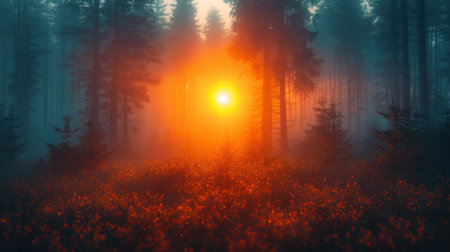Foggy forest at sunrise. 3d rendering, toned imageの素材