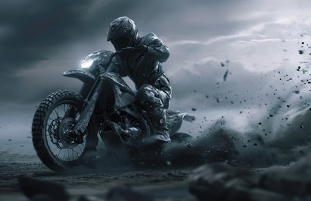 Motocross rider on the road in the smoke. Mixed mediaの素材