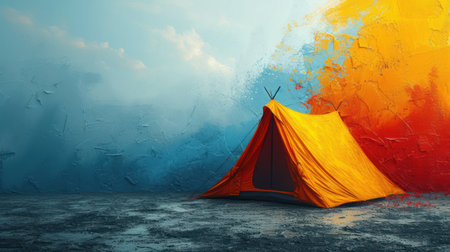 Orange tent in grunge room, 3d render. Abstract backgroundの素材
