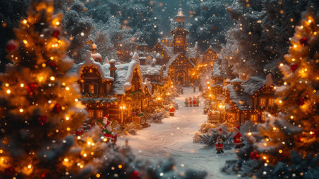 Merry Christmas and Happy New Year. Beautiful winter landscape with Christmas trees in the village.の素材