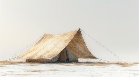 3d render of a tent on the frozen lake in winter.の素材