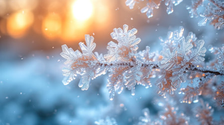 Frozen tree branches with snowflakes on bokeh backgroundの素材