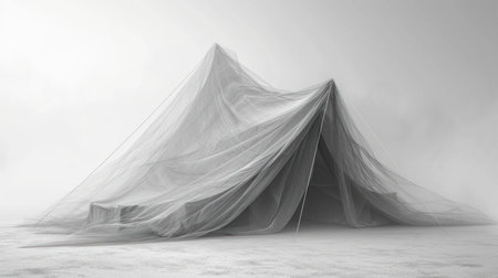 3d rendering of a white fabric tent on a foggy backgroundの素材