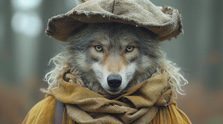 a wolf wearing a hat with a scarf around it&#39;s neck and a scarf around it&#39;s neck with a scarf around it&#39;s neck and a scarf around it&#39;s neck. .の素材